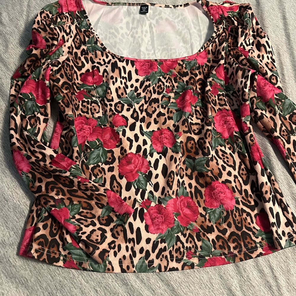 SHEIN Pink Floral Leopard Print Blouse